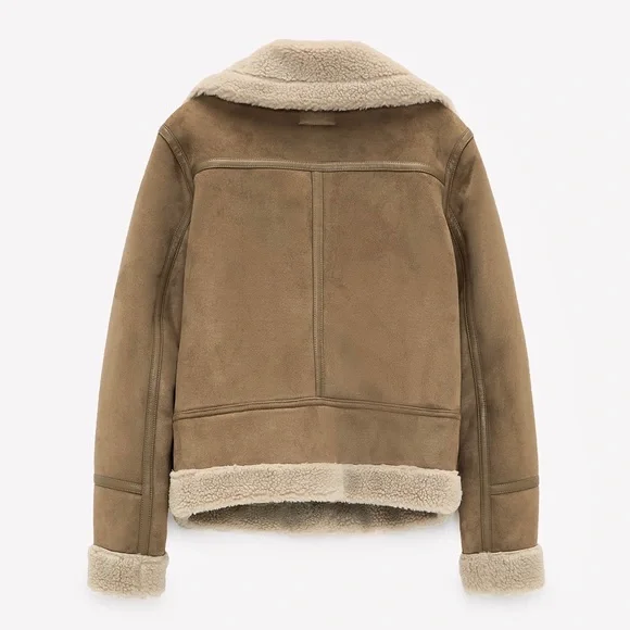 Zara Tan Teddy Jacket with Shearling Collar - Picture 7 of 12